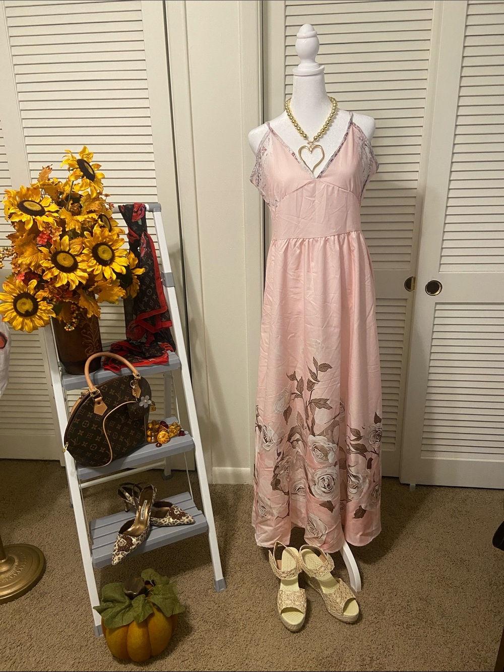 SHEIN Pink Floral Lace-Trim Maxi Dress